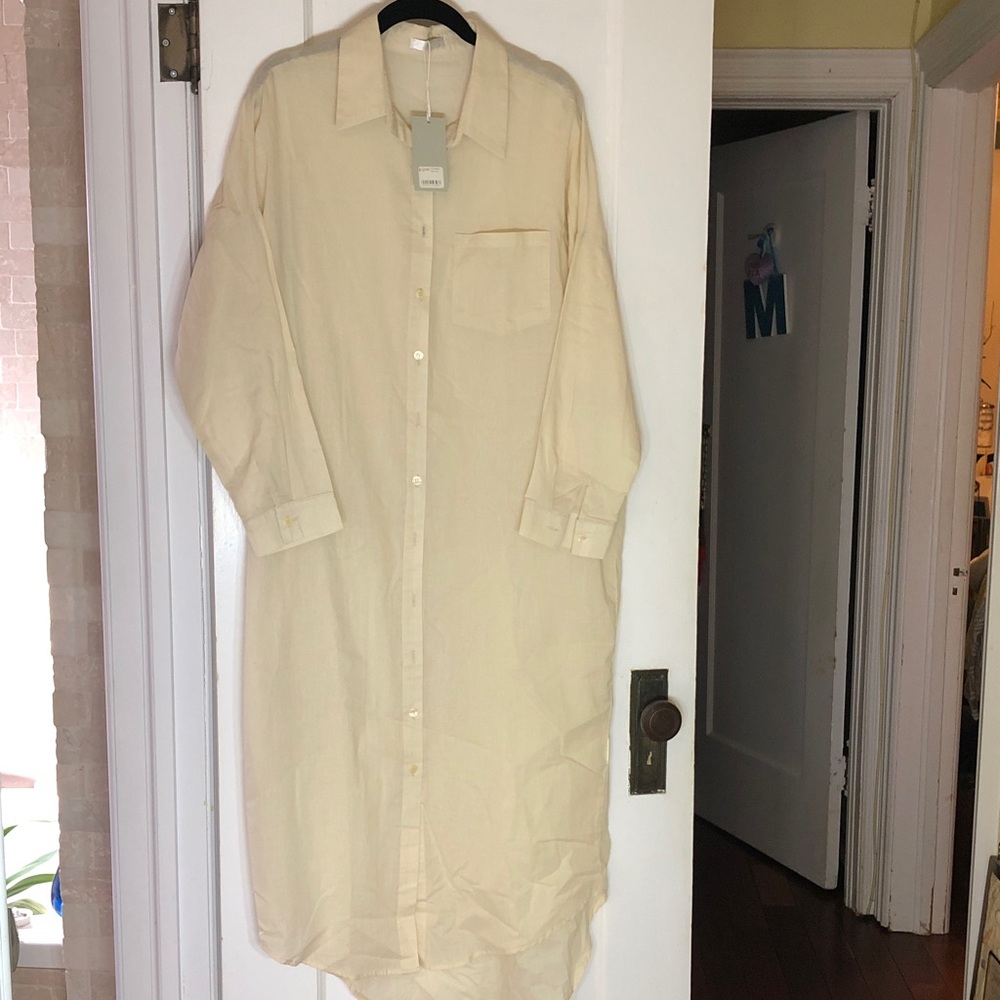 Relaxed Cream Midi Shirt Dress - Women's Button Front